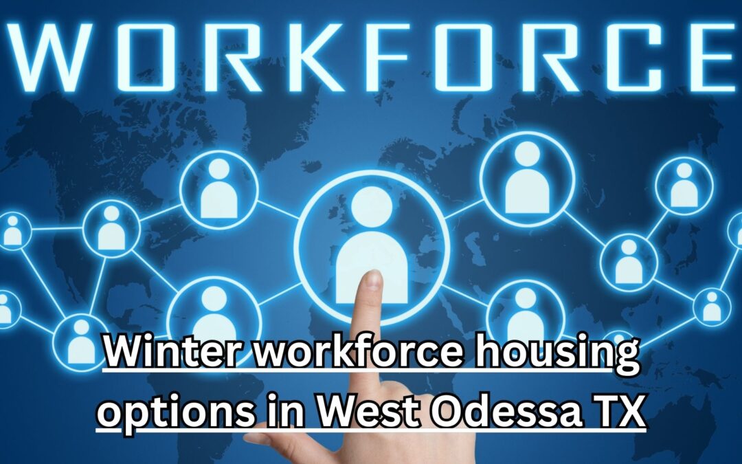 Winter evening view of fully furnished mobile home crew housing with work trucks parked outside in Odessa Texas